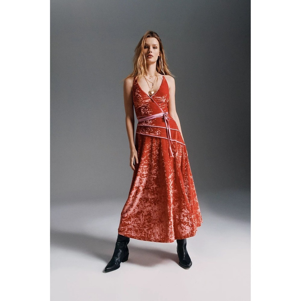 FREE‎ PEOPLE Deia Velvet Midi Dress Pink Rose Strappy Dainty Romantic X-Small